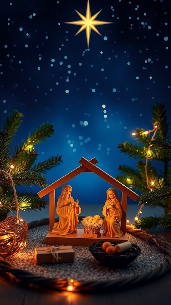 A nativity scene with soft lighting, a starry sky, and Christmas decorations.